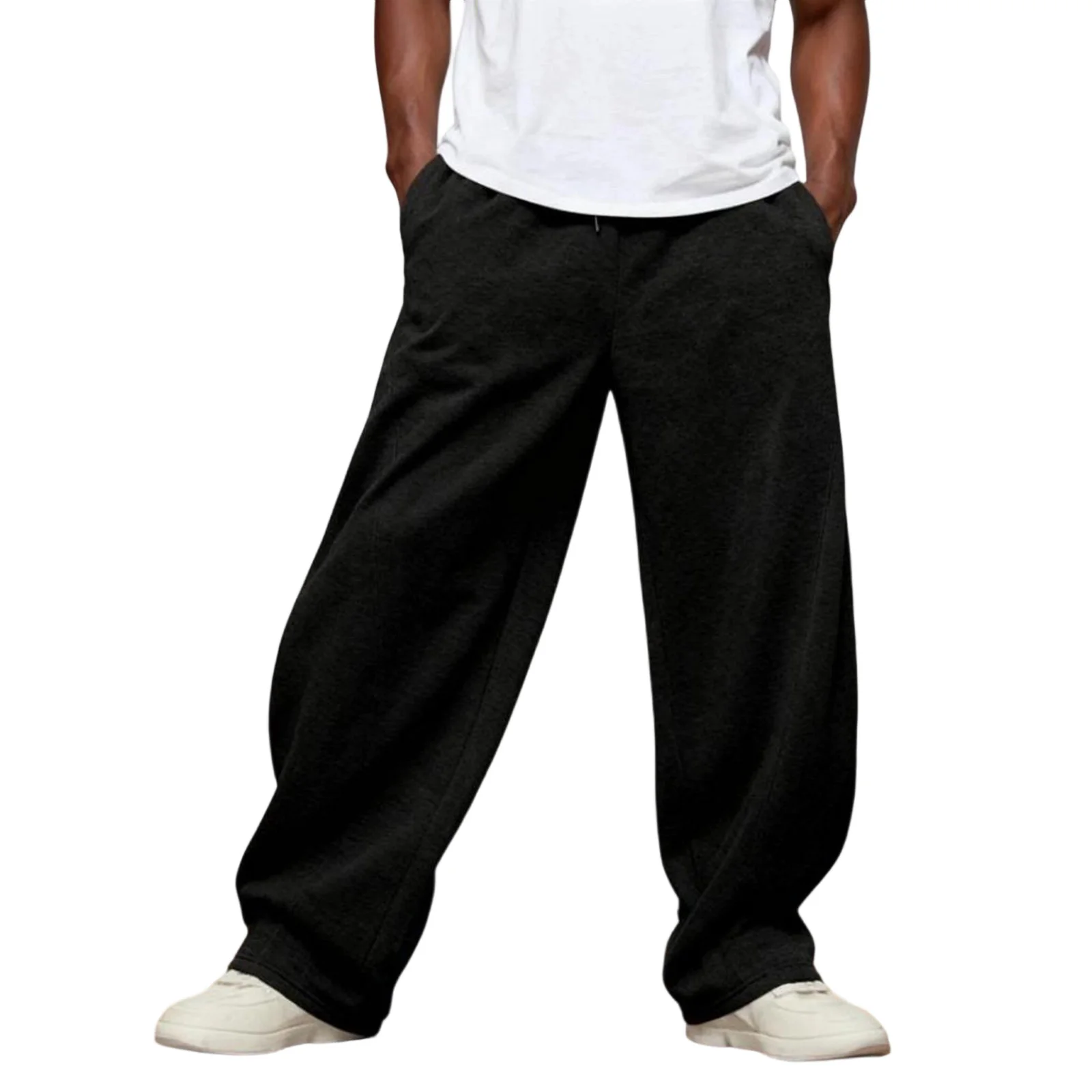 

Men Casual Pants, Elastic Waist Solid Loose Trousers Streetwear with Pockets for Daily
