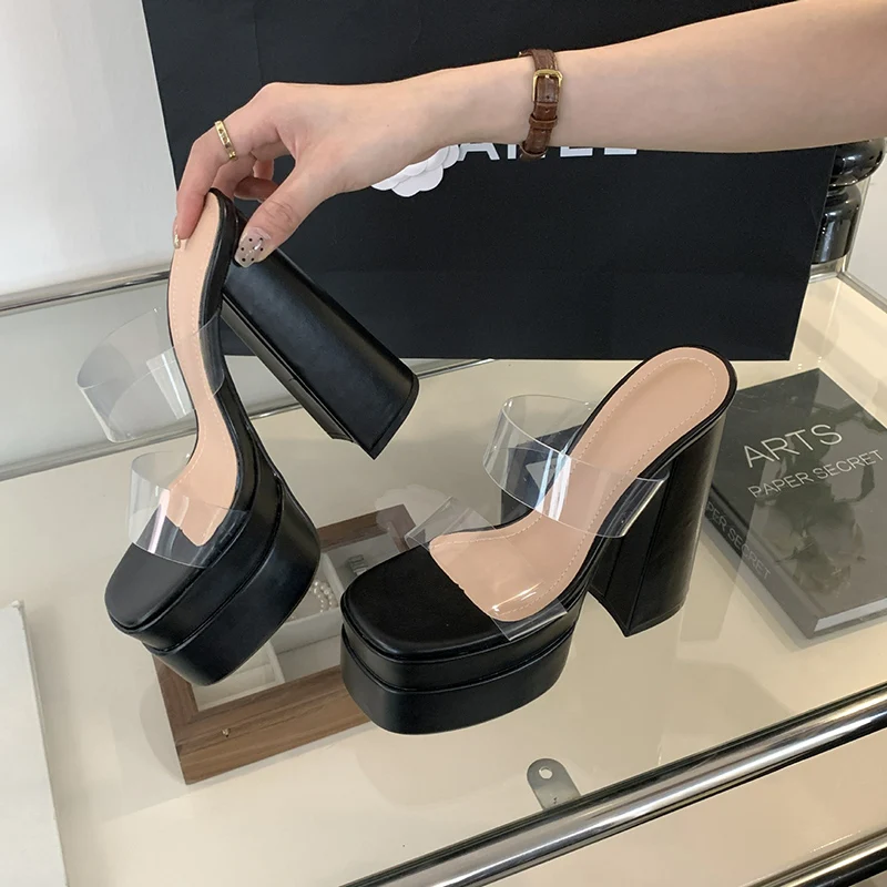 M Silver Squre Tote Heel with high Platform Solid Colored Fashionable Waterproof Summer Slippers Flat Transparent Strap Sandals