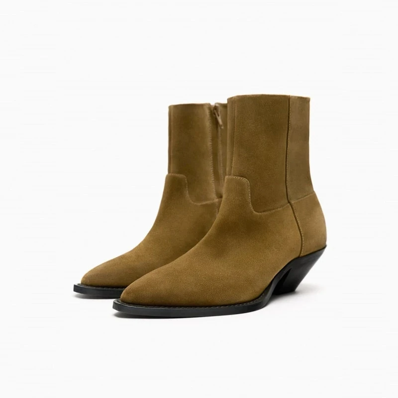 

Women's Boots Brown Suede Leather Ankle Boots Ladies Shoes Pointed Toe Block Heel Side Zipper Western Boots Autumn/Winter