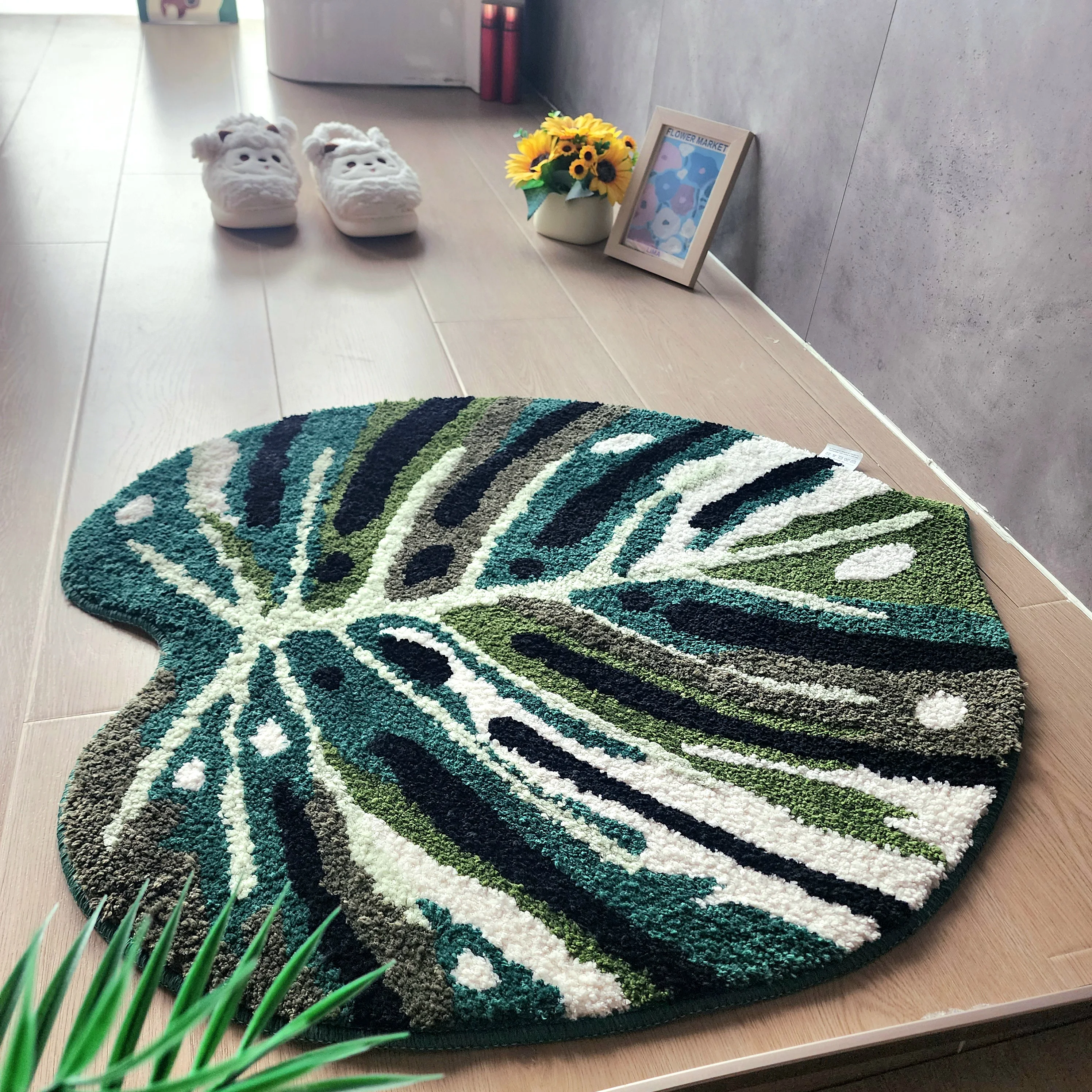 

Rural Style Flocking Carpet Leaf Flower Pattern Bathroom Mat Home Room Rug Machine Washable Mixed Material No Customization