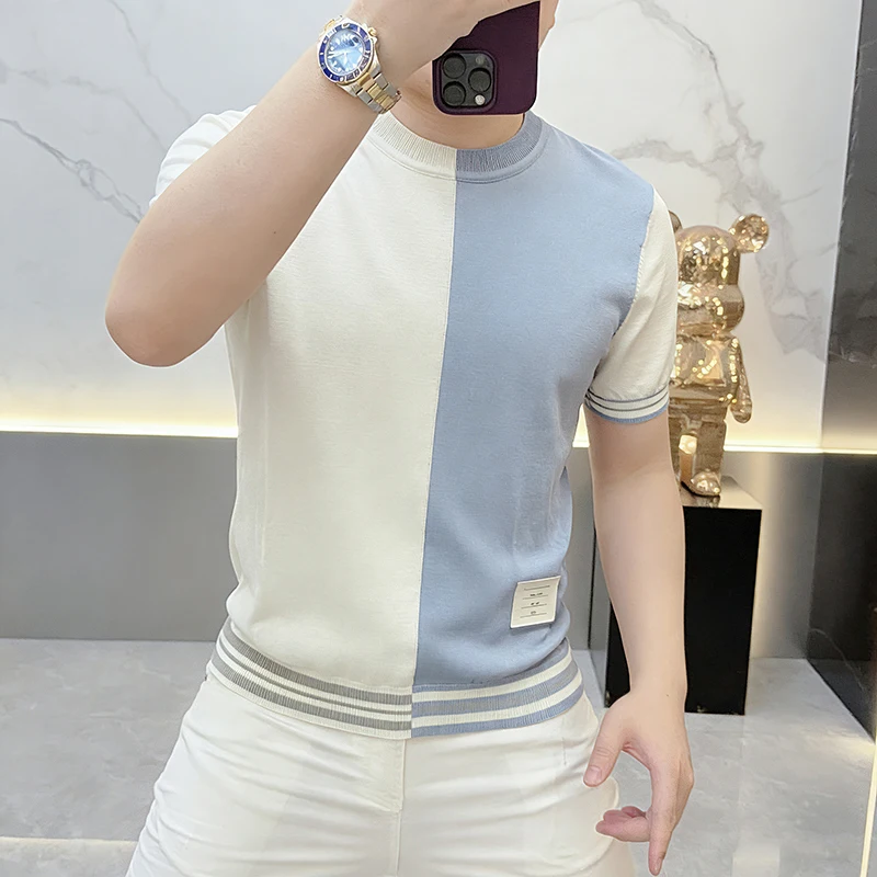 

Korean Splicing Knitted T-shirt for Men 2026 Summer Short Sleeve Slim Fit Casual Tshirts Round Neck Social Business Base T-shirt