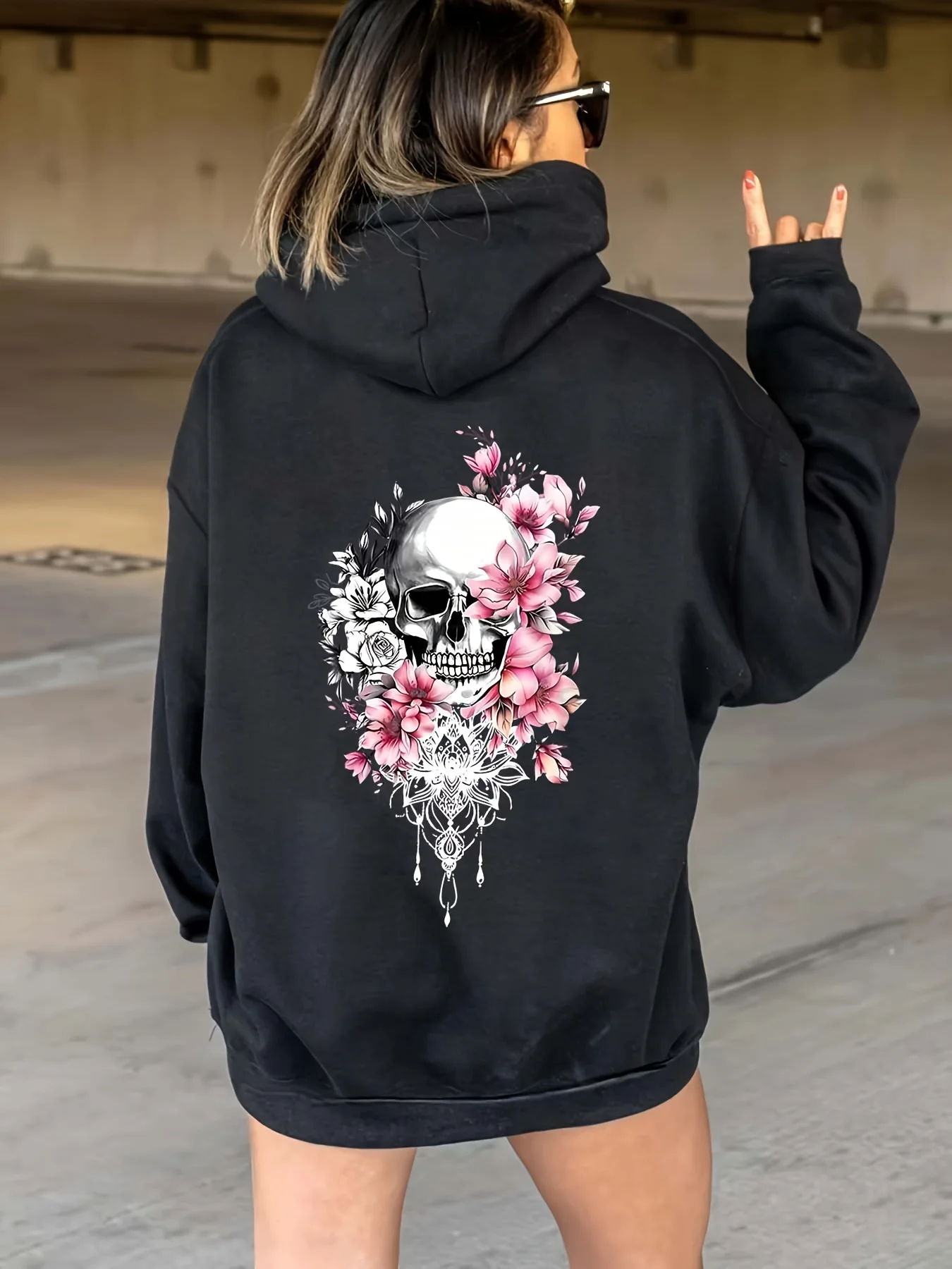 Women's Halloween Horror Skull Lotus Flower Print Stylish Casual Hoodie - Women's Clothing Promotion hoodies women