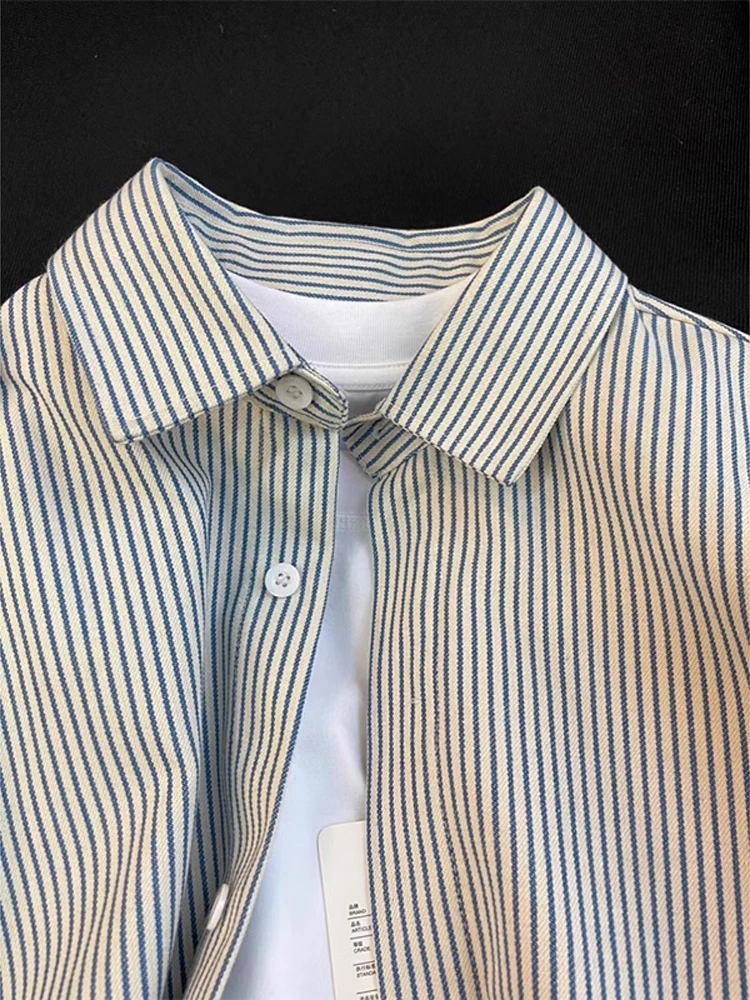Trendy Striped Long Sleeve Men's Shirt Casual Spring Summer Fashionable Set High-End Feeling Jacket Loose Fit Iron-Free