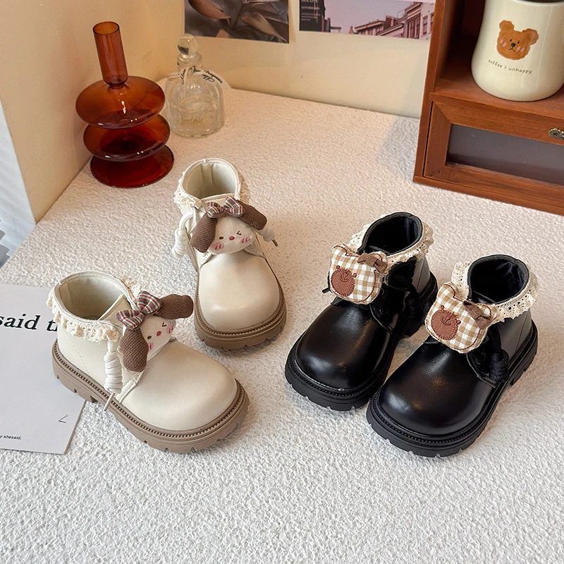 Little Girls Bunny Doll Lace Boots, Plaid Bow Lace-Up Hook-and-Loop Thick Sole Casual Short Boots
