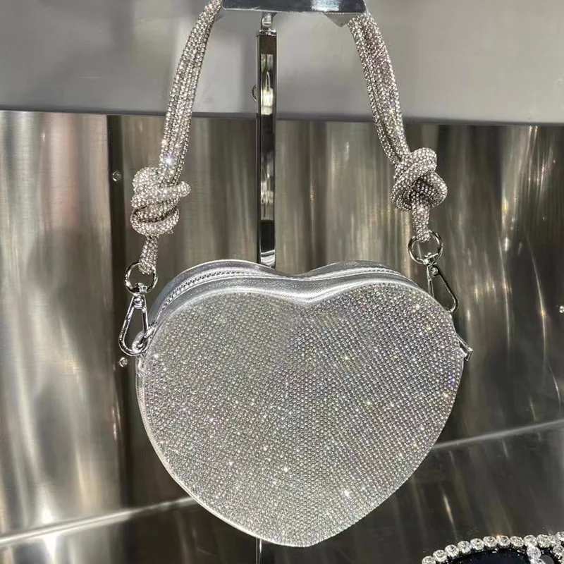 Women Rhinestone Handbag Heart Shape Boutique Crystal Top Handle Evening Clutch Purses Chain Crossbody Bags Wedding Party