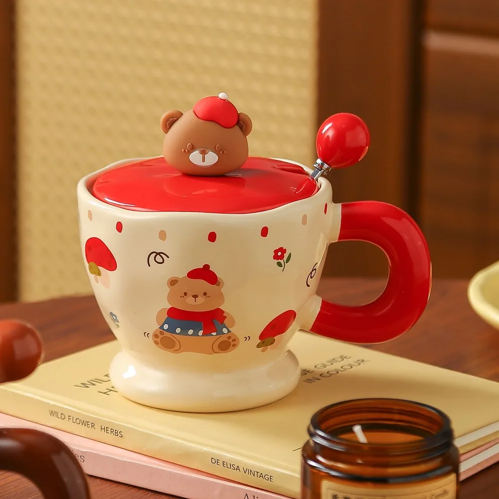 

Cute Bear Ceramic Mug with Lid Spoon Household Drinking Cup Couple Breakfast Coffee Milk Gift Box Birthday Christmas Drinkware