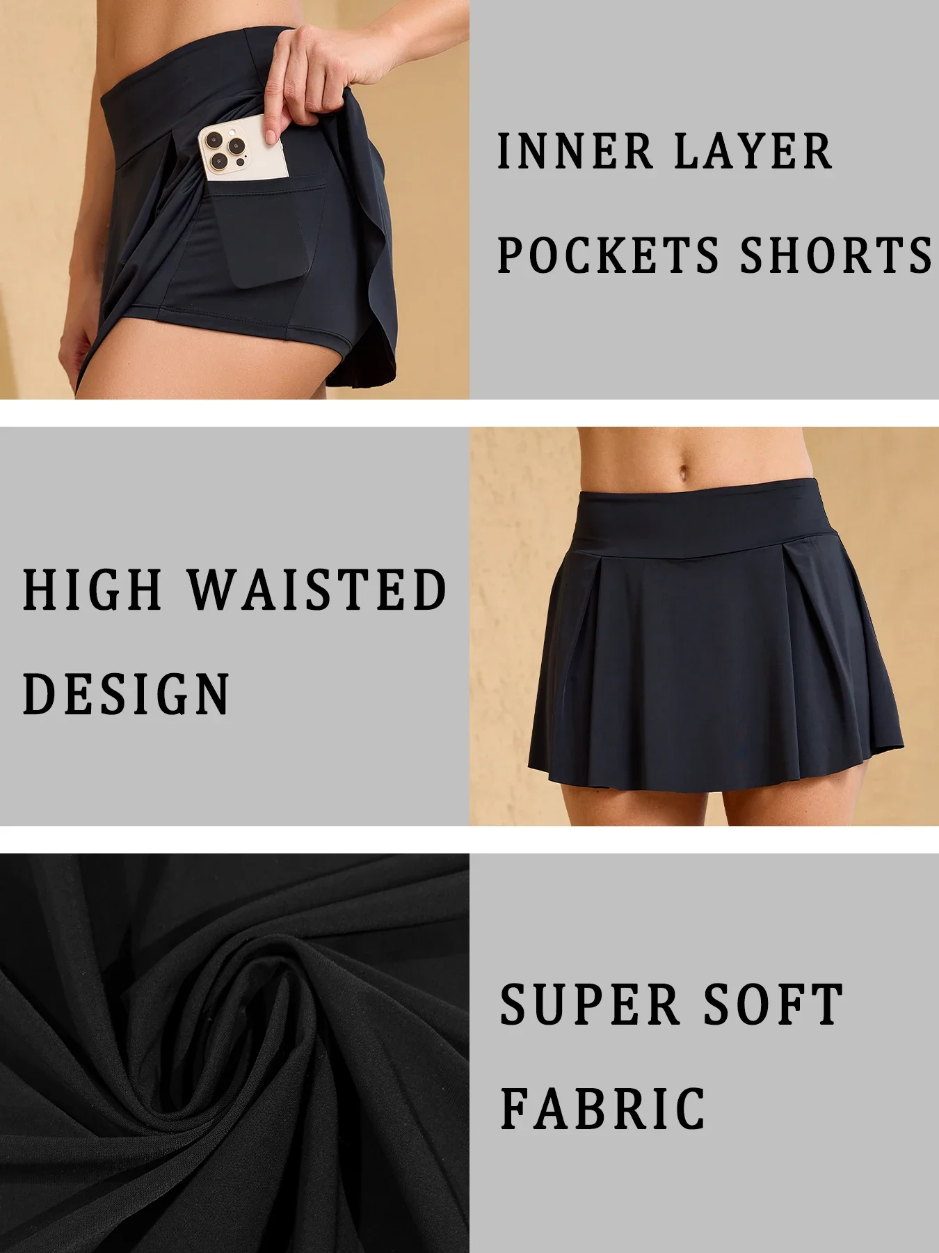 Super Soft Double Layer กระโปรงกีฬาสําหรับผู้หญิงพร้อมกระเป๋าชั้นใน, Quick-Dry กระโปรงเทนนิสออกกําลังกาย Golf Skorts กระโปรง