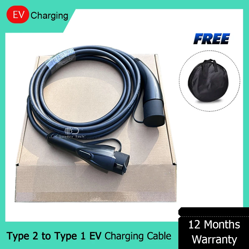 32A 7KW Portable EV Charging Cable Connect IEC 62196-2 Type 2 Charging Station to J1772 Type 1 Standard Electric Car 5M Cable