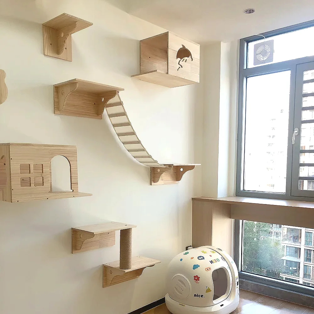 

Wall-Mounted Cat Climbing Wall Wooden Cat Shelves Cat Tree Tower Scratcher Hiding House and Stairs Indoor Cats Gym Pet Furniture