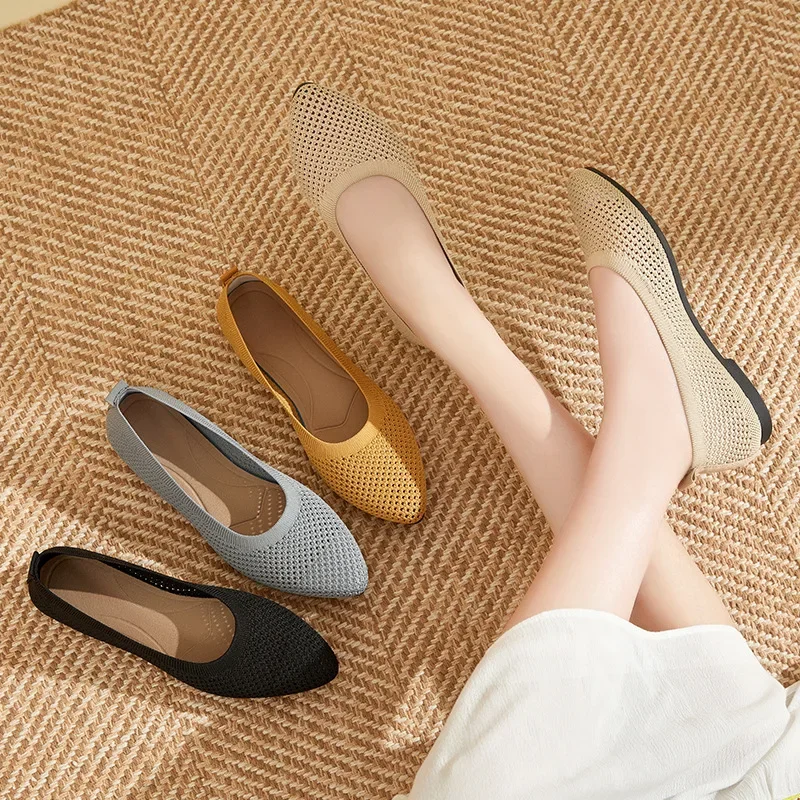 

2025Women Round Toe Flat Shoes Solid Color Knitted Slip on Shoes Casual Breathable Ballet Flats Women Flat Shoes Loafers Women