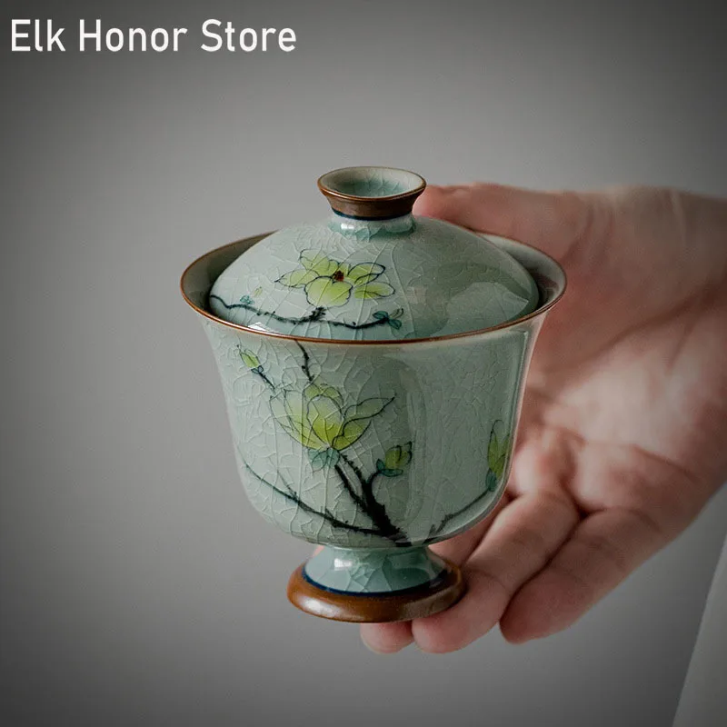 130ml Boutique Crackle Glaze Ceramic Tea Tureen Pure Hand-painted Magnolia Art High Foot Teacup Tea Maker Gaiwan Kung Fu Teaware