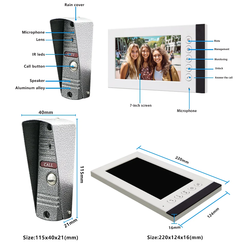 Sistema de Controle Eletrônico de Acesso Visual, Home Door Bell, Monitoramento com Fio, Villa Alta Definição, Visão Noturna Inteligente 1080P