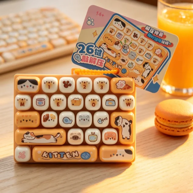 Decompress 26-Key Mechanical Keyboard Fidget Toy Cute Animal Key Press Stress Relief Sensory Toy for Kids Adults Gift Bag Charm