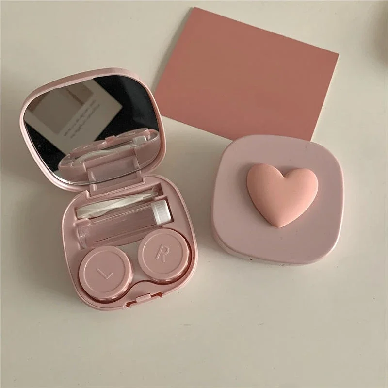 1pc Girl Cute Pink Heart Contact Lens Case box with Mirror Women Mini Colored Eyes Contact Lens Container Box Bag Travel Kit