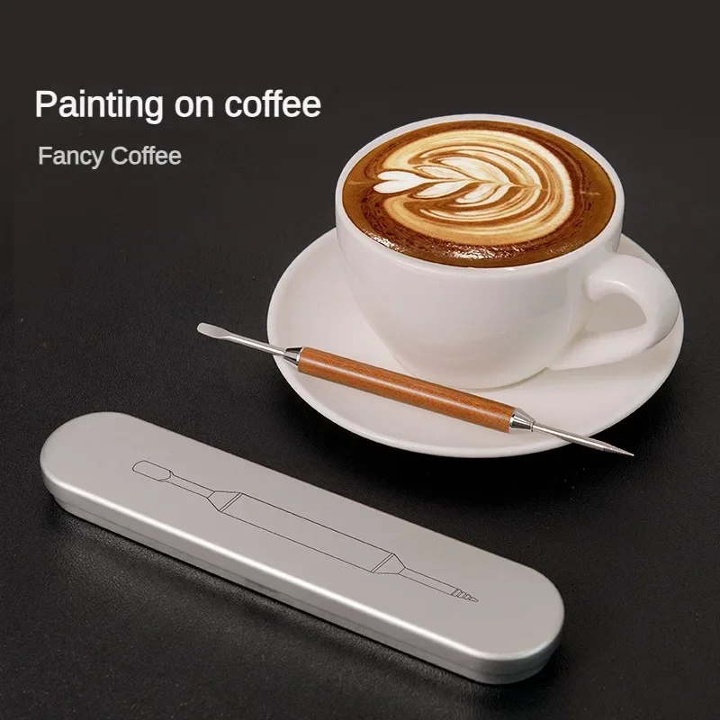 Coffee Art Needle Stainless Steel Rosewood Coffee Decorating Art Pen Flower Needle Latte Coffee Hook Coffee Accessories