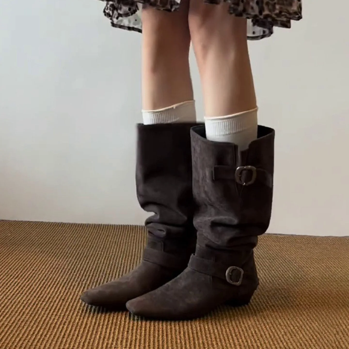 Vintage Square Toe Wide Calf Stacked Boots Women Slim Belt Buckle Cowboy Boots Chunky Heel