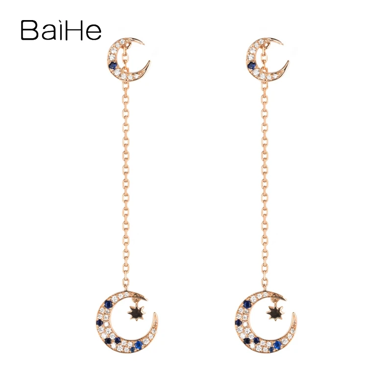 

BAIHE Genuine Solid 14K Rose Gold 0.20CT H/SI Natural Diamond Sapphirs Moon Stud Earrings Trendy Fine Jewelry boucle d’oreille