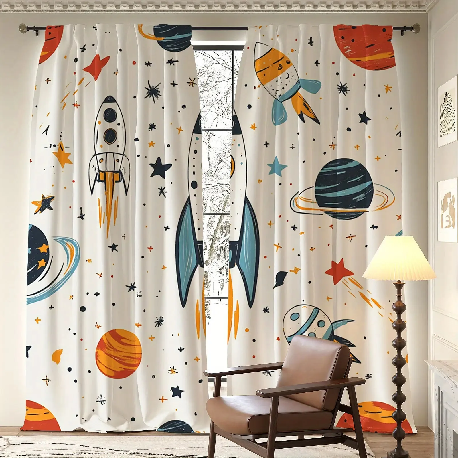 Space Rocket Curtain, Cartoon Planet Kids Blackout Curtains, Solar System Nursery Decor, Galaxy Star Children's Room Drapes