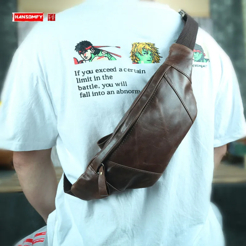 Luxury Retro Casual Genuine Leather Men's Bags Mobile Phone Waist Pack Sport Chest Bag Leather Running Outdoors Shoulder