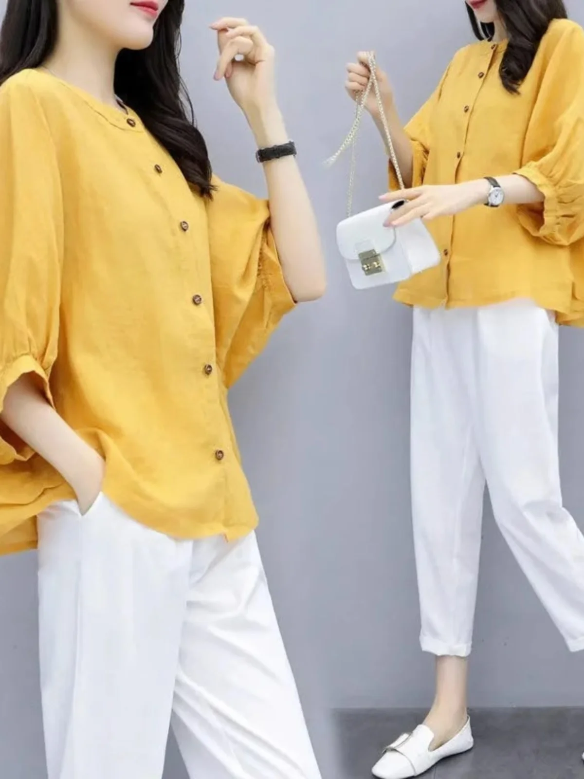 

Summer New Loose Cotton Linen Batwing Sleeve round Neck Pure Cotton Shirt Women's Fashionable Set Casual Comfortable Style