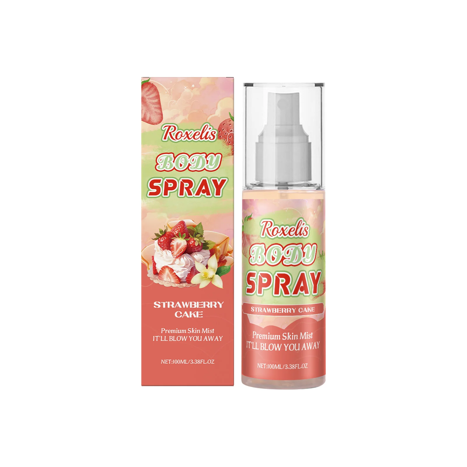 Roxelis 30 ml Juicy Strawberry Cake Body Mist, een geur met meerdere lagen, diep hydraterend, verzachtend en gemakkelijk mee te nemen._voghion.com