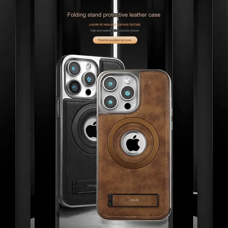 حافظة جلدية فاخرة لهاتف آيفون 15 16Pro Max 14Plus 13 12 غطاء حامل مغناطيسي كروم بشعار فتحة شاحن لاسلكي Magsafe #3