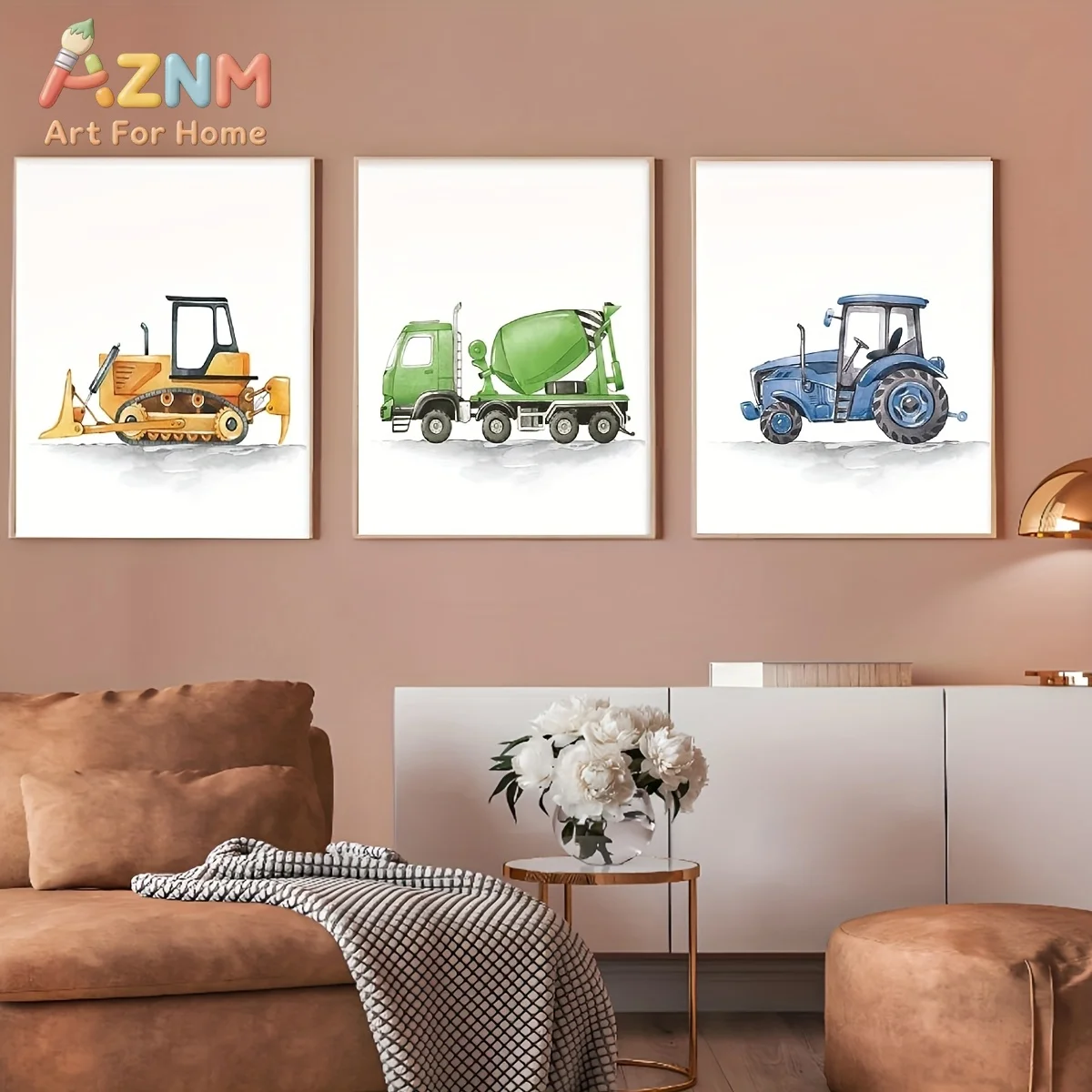 AZNM Watercolor Construction Vehicle Canvas Wall Art Bulldozer Mixer Truck Tractor Frameless Canvas Painting Nursery Kids Room H