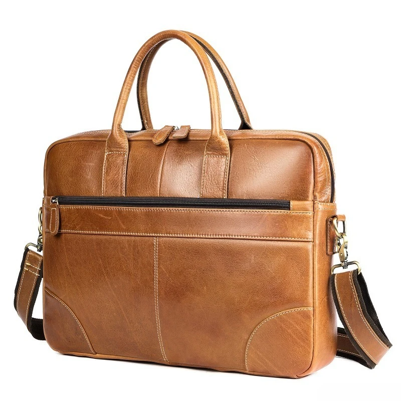 Men's Large Capacity Vintage Top Grain Leather Laptop Briefcase Business Casual Crossbody Shoulder Bag Top Handle