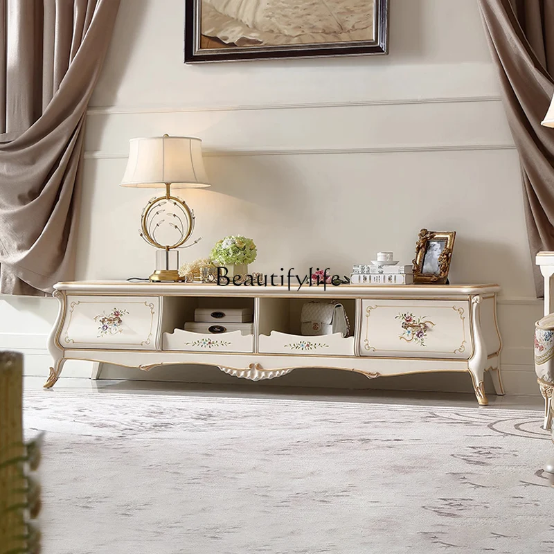 

French light luxury TV cabinet household storage European painted solid wood carving flower