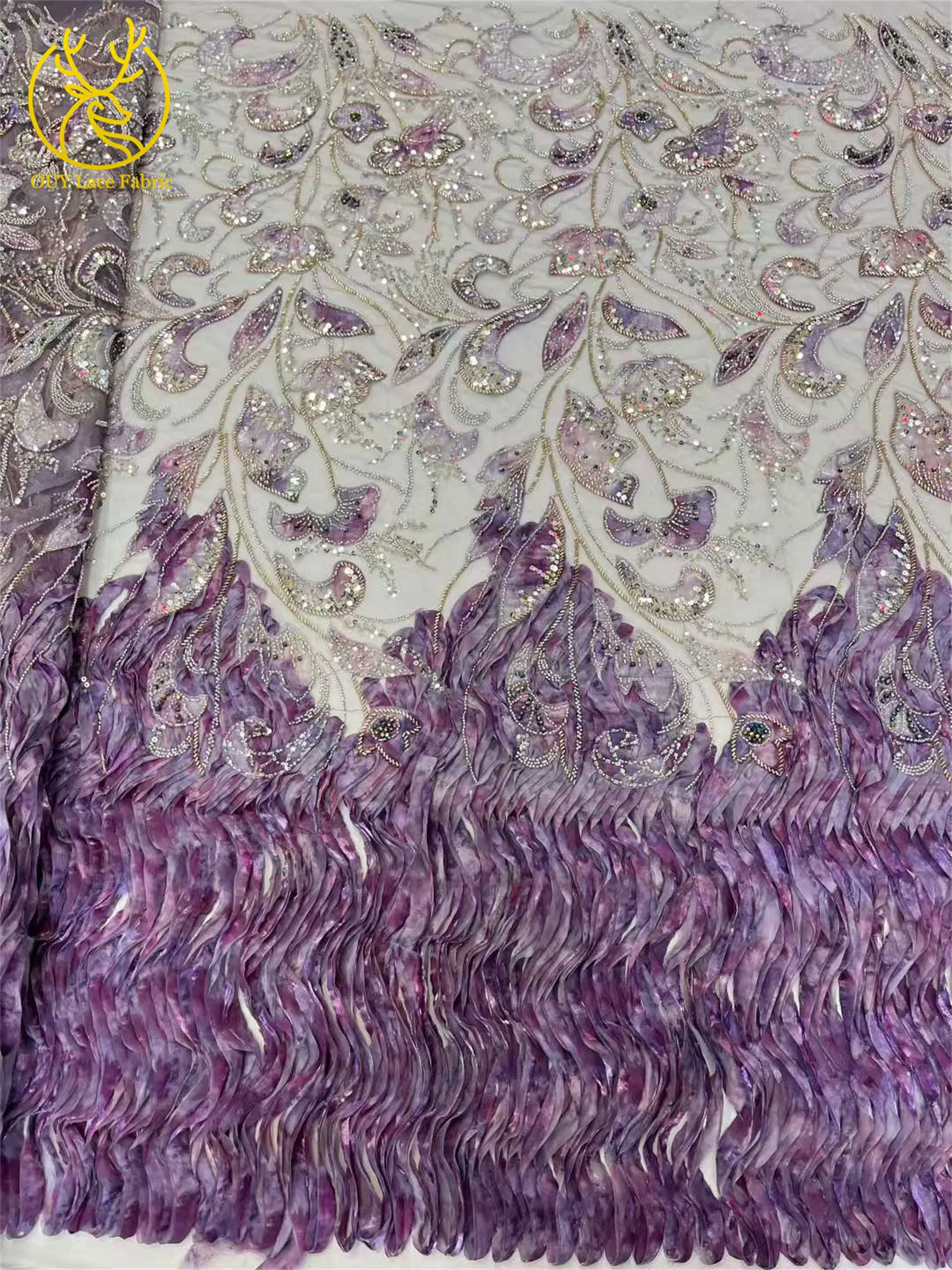 アフリカナイジェリアパープル3Dレース生地、高級ビーズスパンコール刺繍入りウェディングパーティードレス用新郎向けレース生地