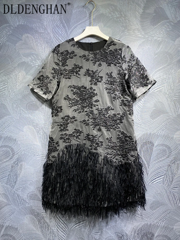 

DLDENGHAN Spring Jacquard Dress Women O-Neck Short Sleeve Feathers Patchwork Vintage Mini Dresses Fashion Designer New
