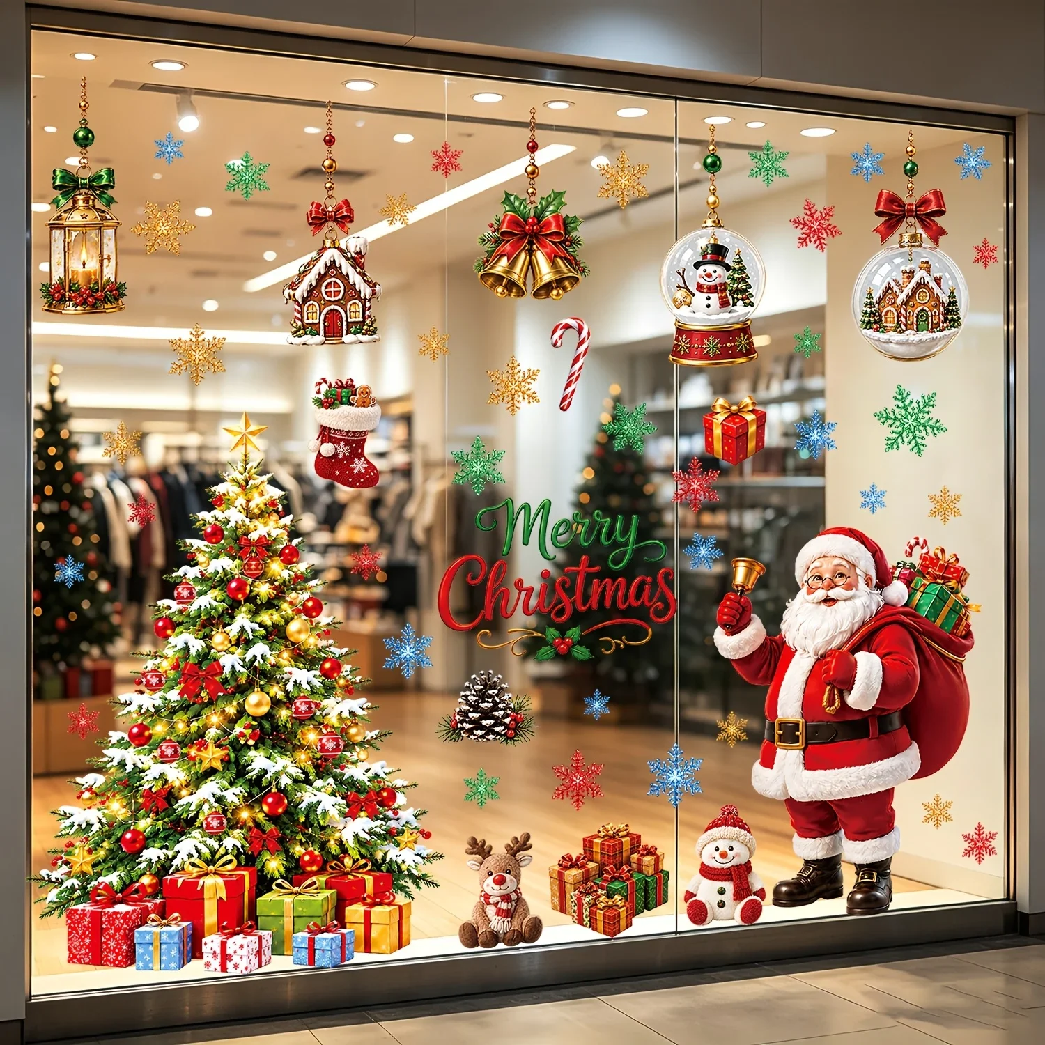 4 Sheets 11.81x35.43in Jumbo Christmas Static Window Clings (65 Pcs), Christmas Tree Santa Bell Reindeer Gingerbread House