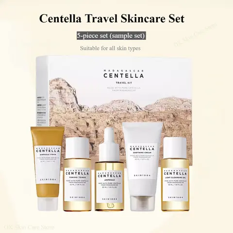 Korean Skin Care Centella Travel Kit Toner, Ampoule, Soothing Cream, Cleansing Oil, Foam, Basic Skincare Box 5pcs Set Gift Set