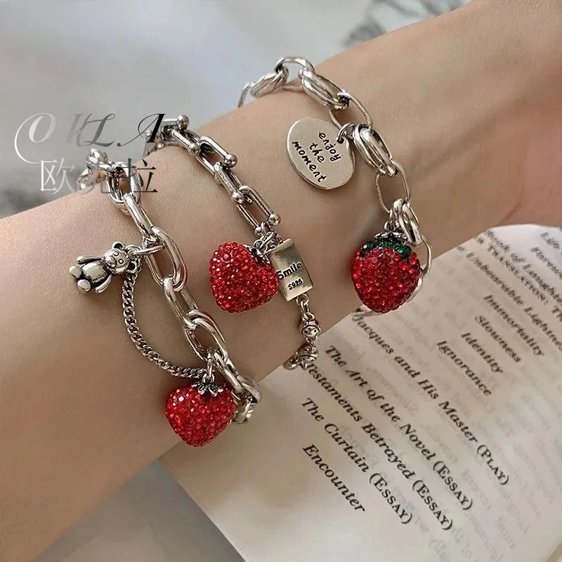 

OKLA Silver Color Thick Chain Bracelets for Women Trendy Elegant Charming Sparkling Strawberry Zircon Party Jewelry