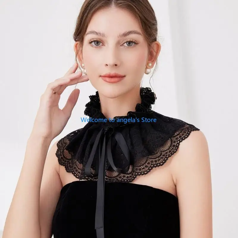 X4YC المرأة خمر كشكش الدانتيل طوق كاذبة الفيكتوريين الوقوف الرقبة راف أنيقة شال Capelet مع الشريط لحفلات الزفاف