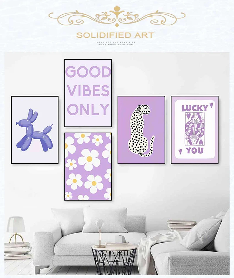 Canvas Painting Trendy Retro Wall Art Collage Dorm Room Decor Funky y2k Poster Floral Smile Purple Preppy Aesthetic Gallery