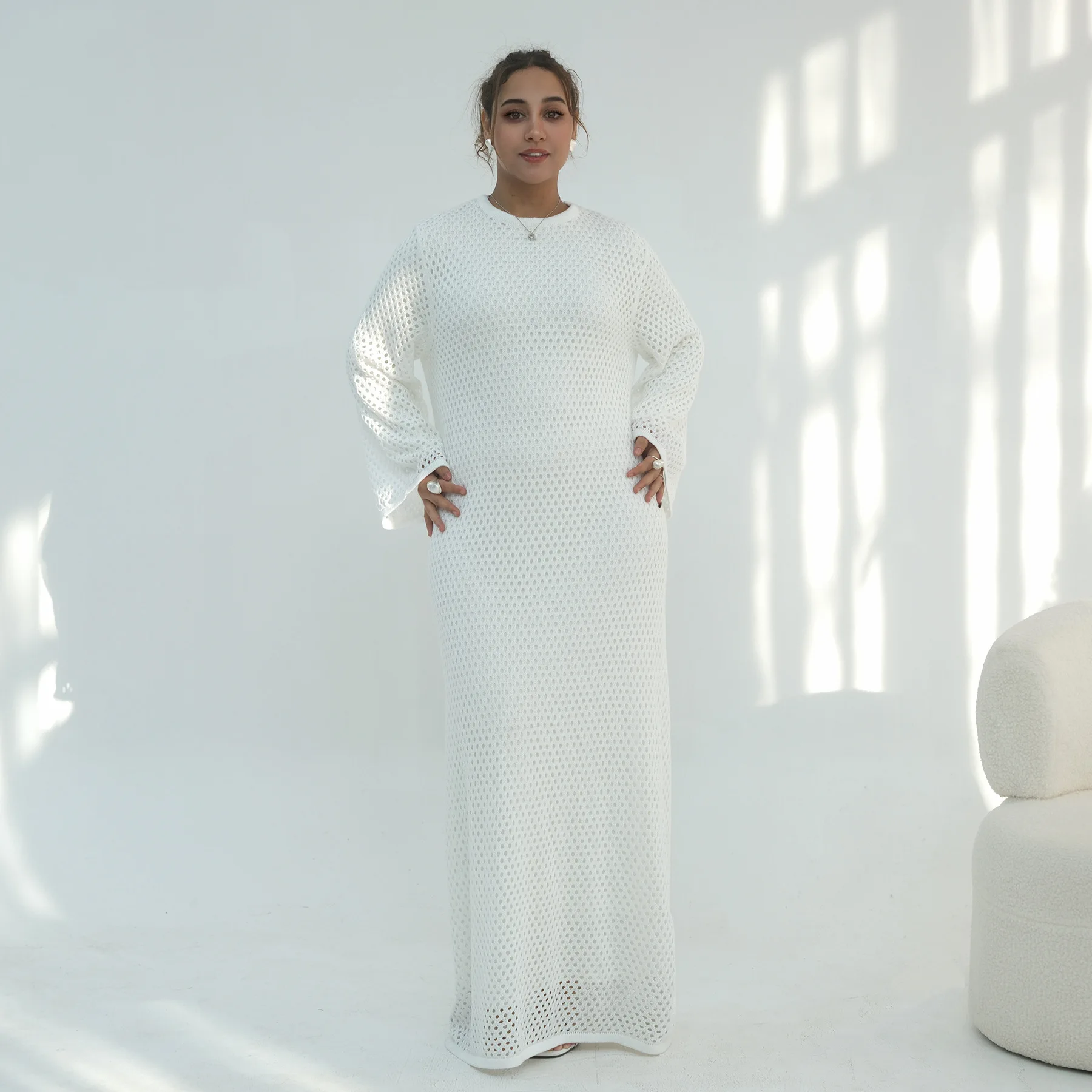 

Ramadan Knitted Hollow Out Abaya Dubai Kaftan Women Muslim Dress Eid Djellaba Islam Clothing Turkey Caftan Femme Robe Jalabiya