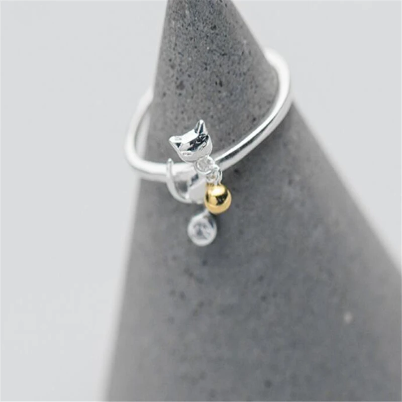 Cute Cartoon Cat Bell 925 Sterling Silver Female Resizable Opening Rings RI949
