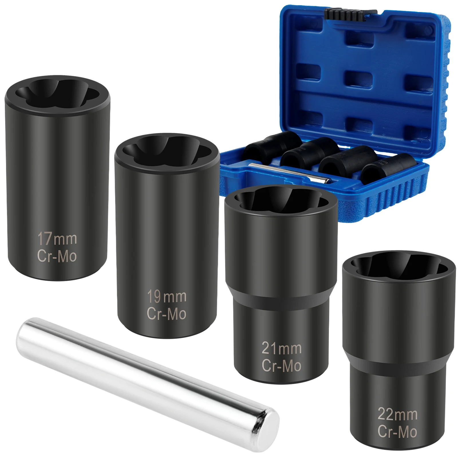 

5 Pcs Damaged Screw Extractor Set Broken Bolt and Nut Remover Socket with Bar 17/19/21/22 mm for Rusted Damaged Screw Wheel Nut