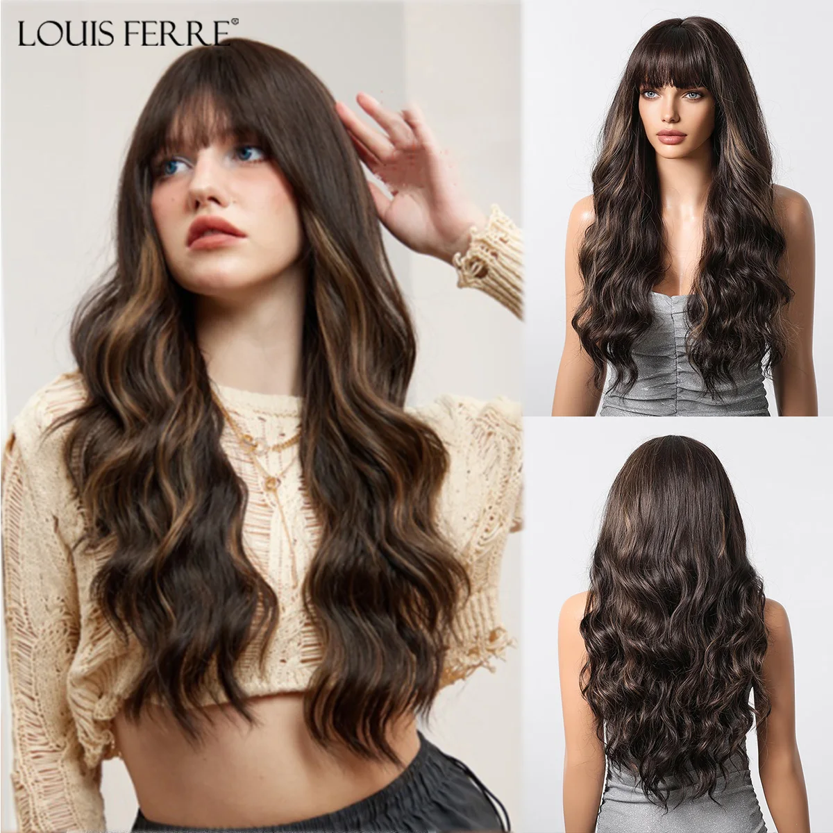 Brown with Highlights Wig for Women Long Wavy Wigs with Bangs Layered Synthetic Wigs Natural Looking Fake Hair for Daily Use