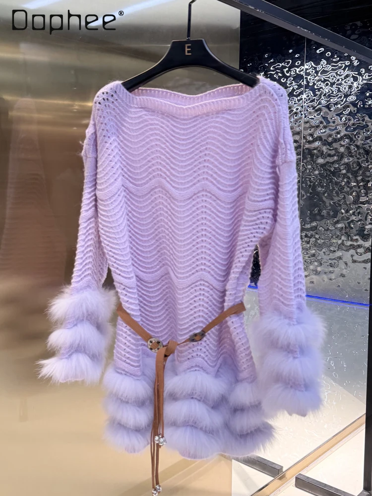 เสื้อไหมพรมแขนยาวปี 2025 แบบเปิดไหล่ แต่งขนฟ็อกซ์แท้ ตัดต่อผ้า ทรงเข้ารูป เซ็กซี่ ทันสมัย โอเวอร์ไซส์ สำหรับผู้หญิง