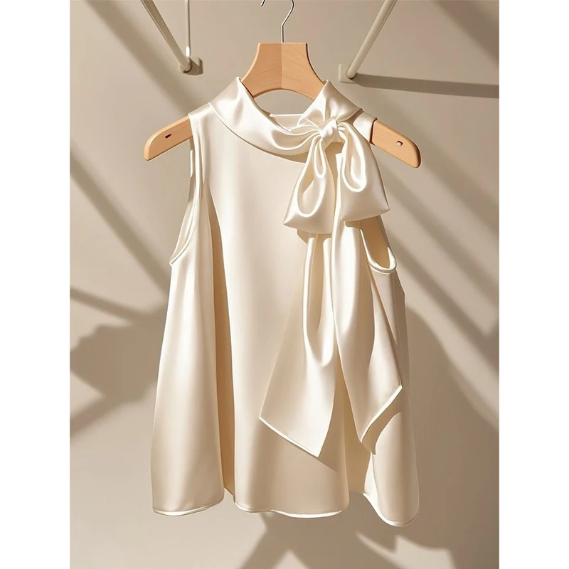 Bow Lacing Sleeveless Solid Simplicity Shirt Tops Summer New Elegant All-match Loose Blouse Temperament Fashion Women Clothing