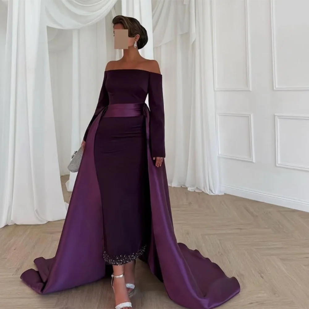 High Quality Customized Strapless Ankle Length Purple Court Train Beaded Formal Backless Three Quarter Women Vestido De Fiesta