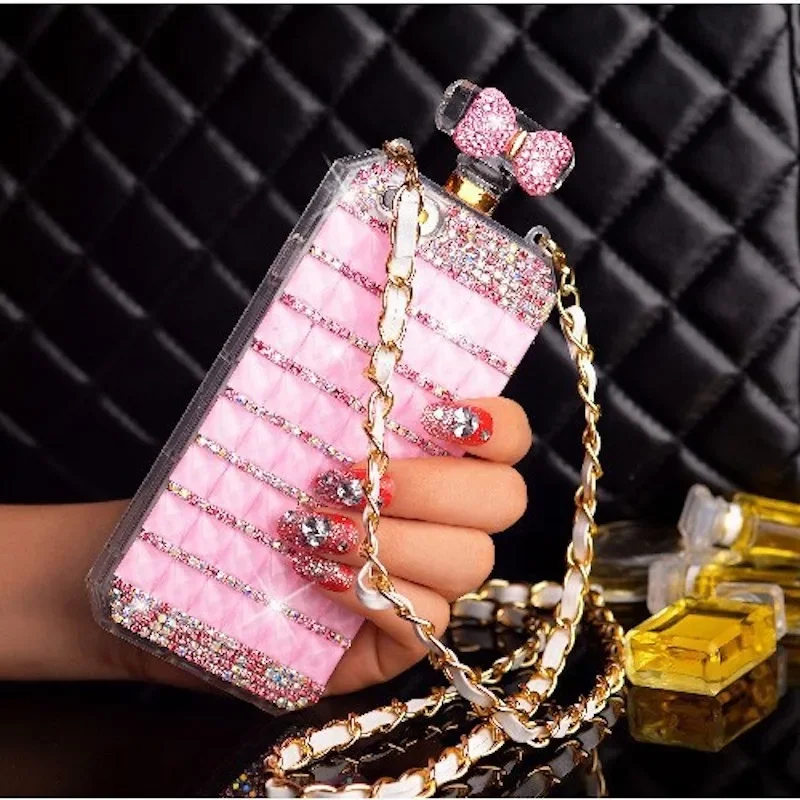Fashion Diamond Perfume Bottle Strap Phone Case For iphone 15Pro 14Plus 13 Pro 12 Mini 11Pro MAX XSMAX XR 7 8 PLUS Cover Capa