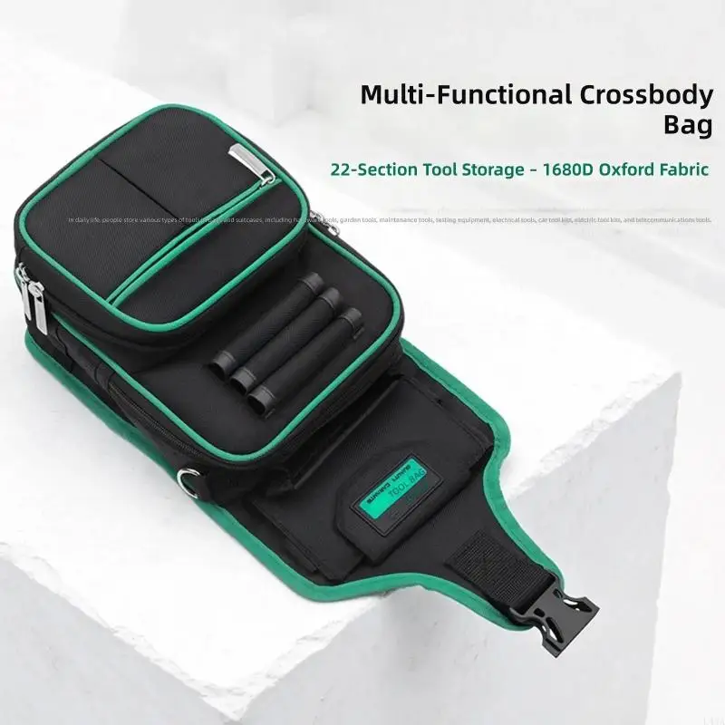 L43A Electrician Tool Bag with Multi Pocket Storage Layout, Fabric Crossbody Repair Carry Bag with Front Sections, Top Handle