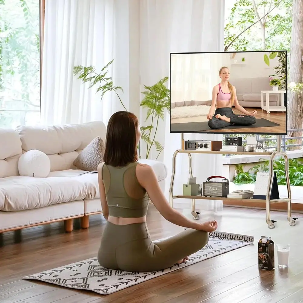 حامل تلفزيون بعجلات، حامل تلفزيون يناسب شاشة تلفزيون 43-75 بوصة تصل إلى 110 رطل، حامل تلفزيون دوار قابل للتعديل لارتفاع غرفة المعيشة