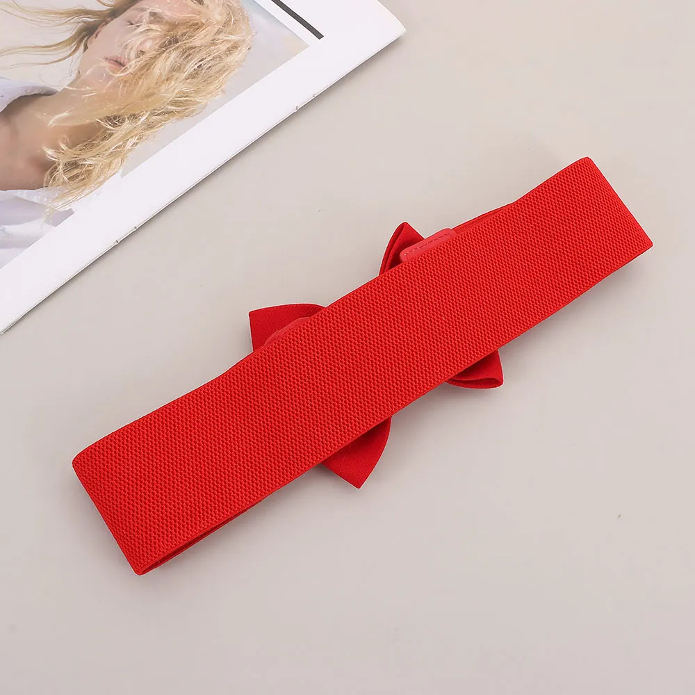 حزام نسائي عريض مرن بإبزيم قابل للتعديل مقاس كبير بلون سادة مع حزام خصر مرن على شكل فيونكة لفستان الجينز