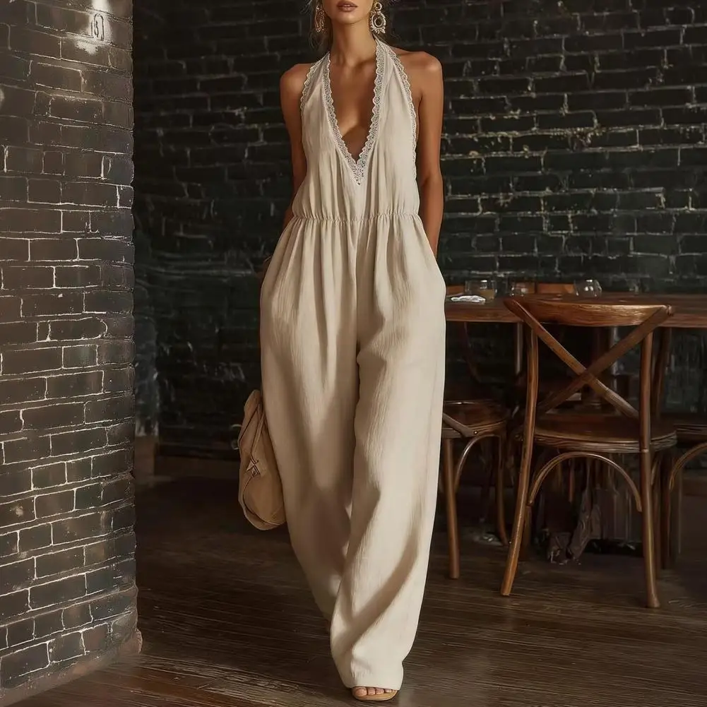 Women Jumpsuit Jumpsuit Sexy Lace Trim Halter Jumpsuit for Women V-neck Sleeveless Romper Wide Leg Summer Beach Vacation Outfit