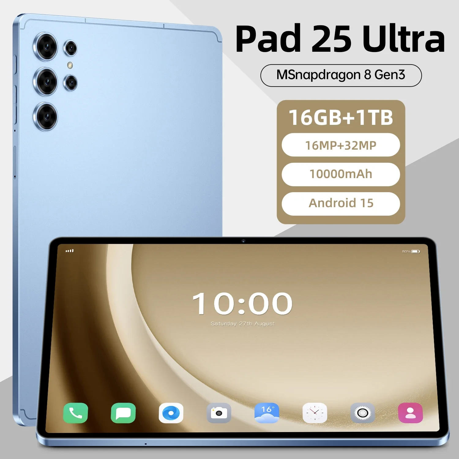 

HOT Pad 25 Ultra Tablet Android 15 System MSnapdragon 8 Gen3 Core 10,1-дюймовый HD-экран 5G Dual SIM Dual Standby 10000 мАч Аккумулятор