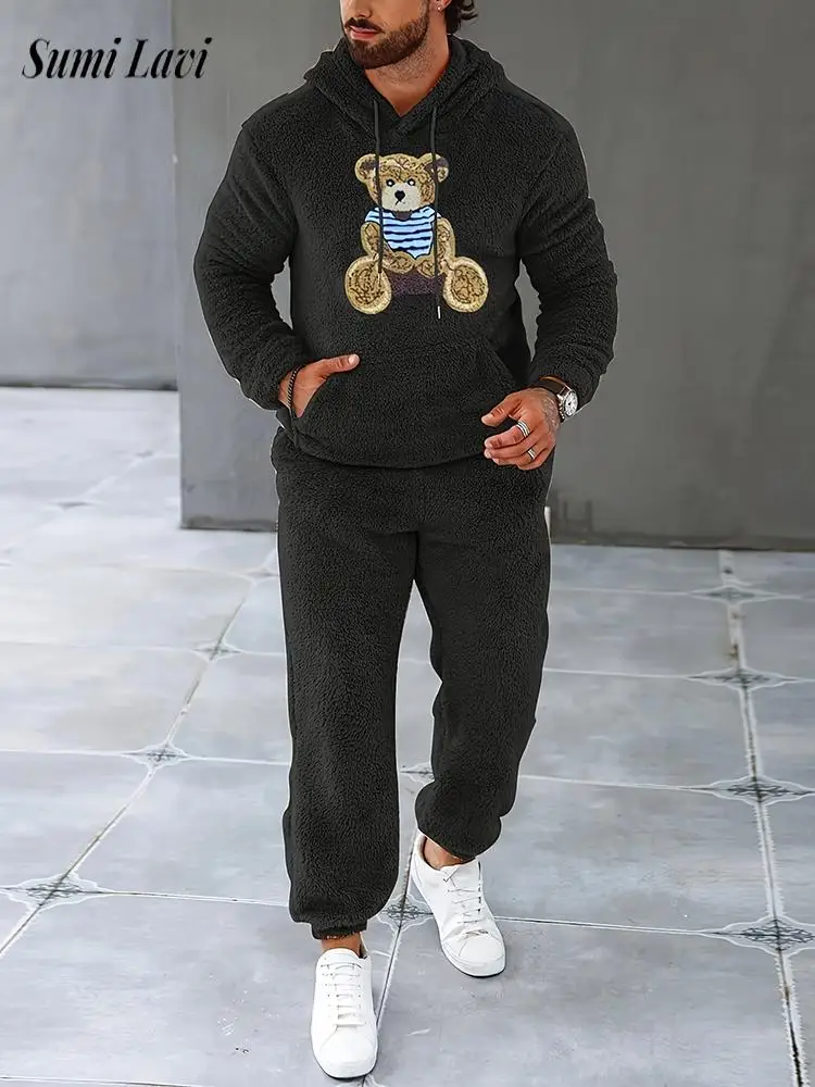 

Fall Winter Warm Fleece Two Piece Suits Mens Fashion Bear Embroidery Furry Cozy Outfits For Men Casual Hoodies And Pants Sets